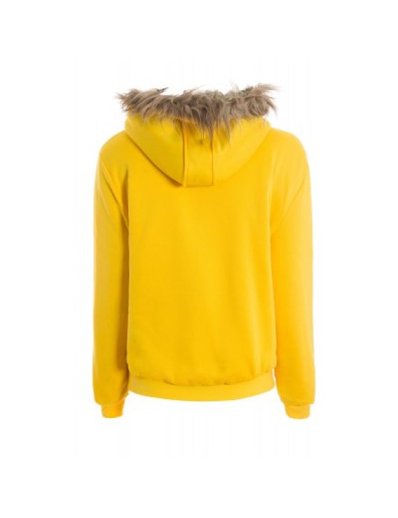 Artificial Wool Embellished Hooded Zipper and Pocket Design Women\'s Cotton Coat