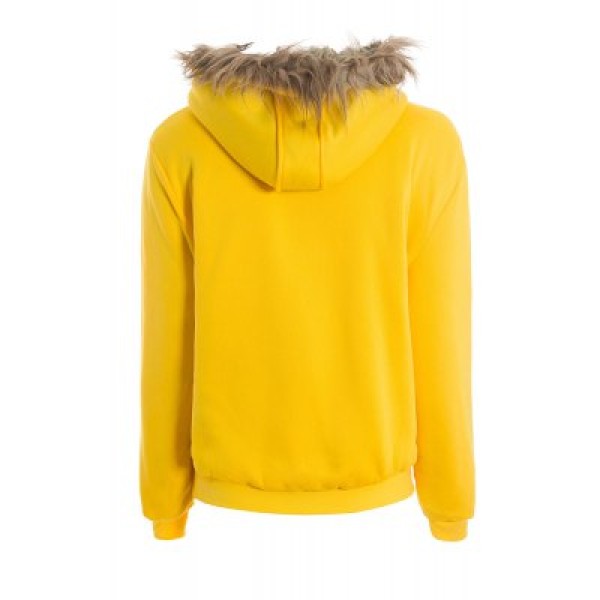 Artificial Wool Embellished Hooded Zipper and Pocket Design Women\'s Cotton Coat