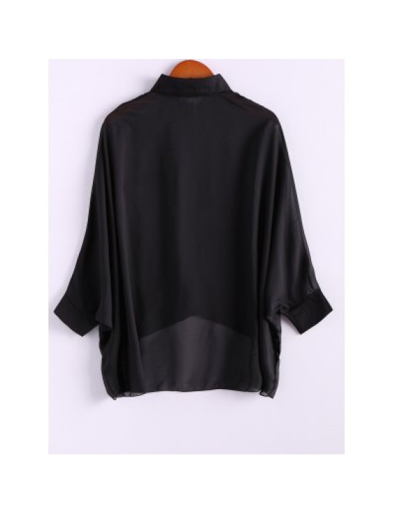 Charming and Perspective Asymmetrical Hem Bat Sleeve Chiffon Shirt For Women