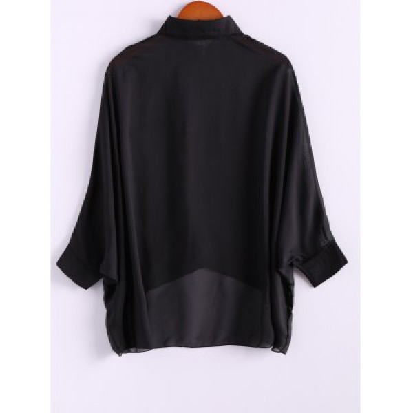 Charming and Perspective Asymmetrical Hem Bat Sleeve Chiffon Shirt For Women