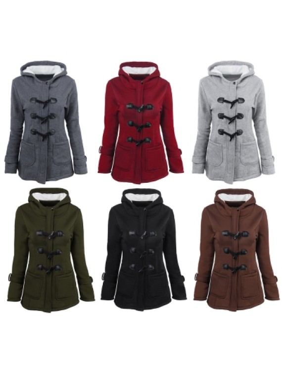 Female Coat Thick Horn Button Hooded Cotton Blend Women Jacket