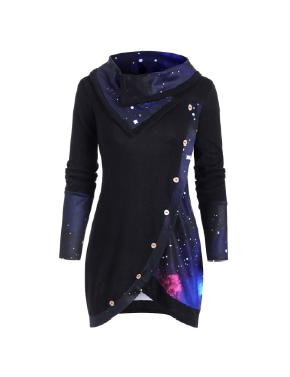 Galaxy Print Panel Mock Button Sweater