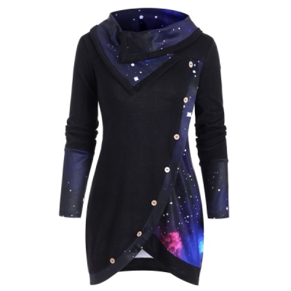 Galaxy Print Panel Mock Button Sweater