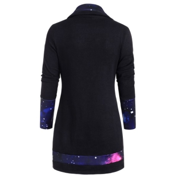 Galaxy Print Panel Mock Button Sweater