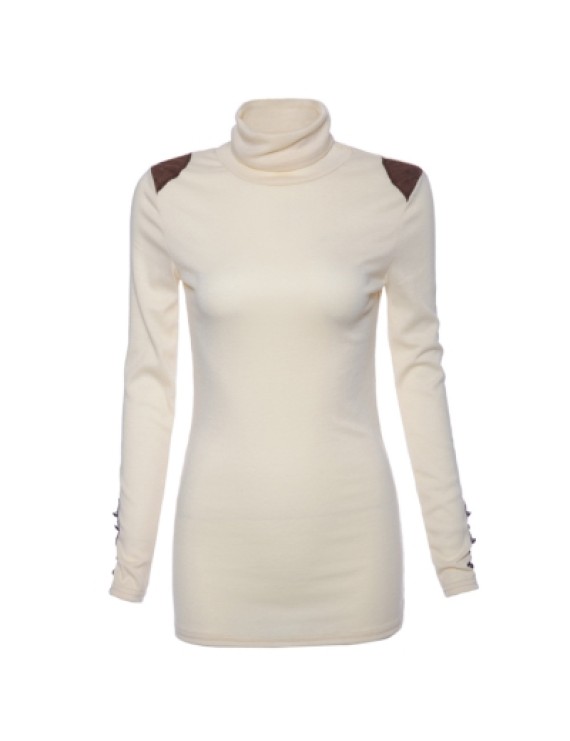 Turtle Neck Solid Color Bead Splicing Long Sleeve Sweater