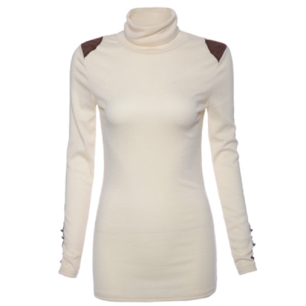 Turtle Neck Solid Color Bead Splicing Long Sleeve Sweater