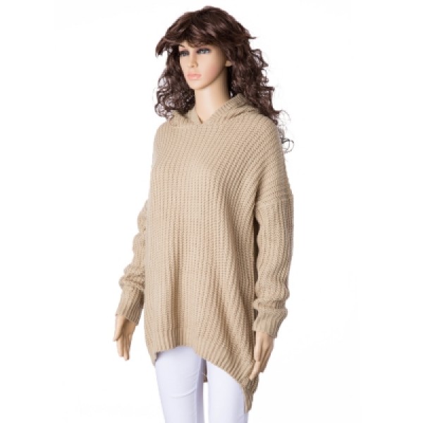 Hooded Long Sleeve Solid Color High-Low Hem Sweater