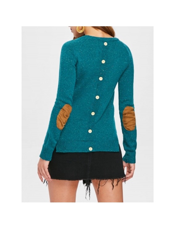 Elbow Spliced Back Buttoned Pullover Sweater