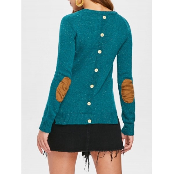 Elbow Spliced Back Buttoned Pullover Sweater