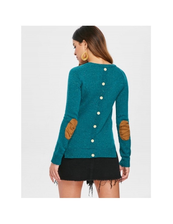 Elbow Spliced Back Buttoned Pullover Sweater