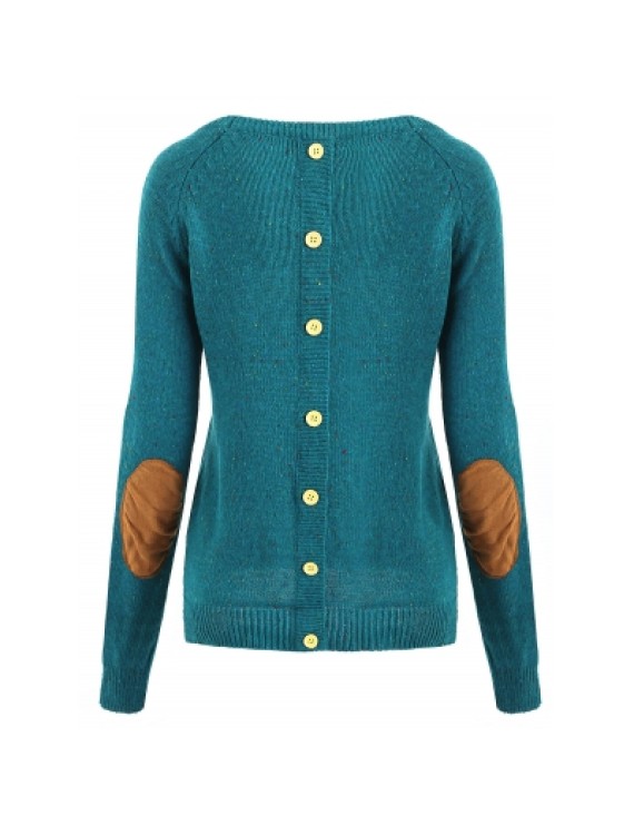 Elbow Spliced Back Buttoned Pullover Sweater