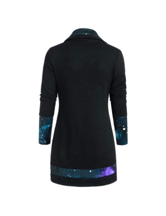 Galaxy Print Panel Mock Button Sweater