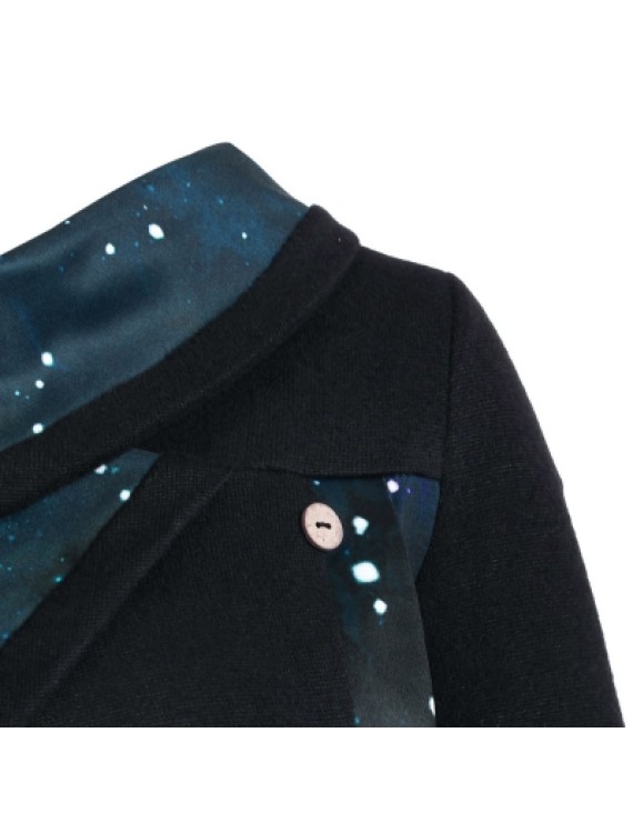 Galaxy Print Panel Mock Button Sweater