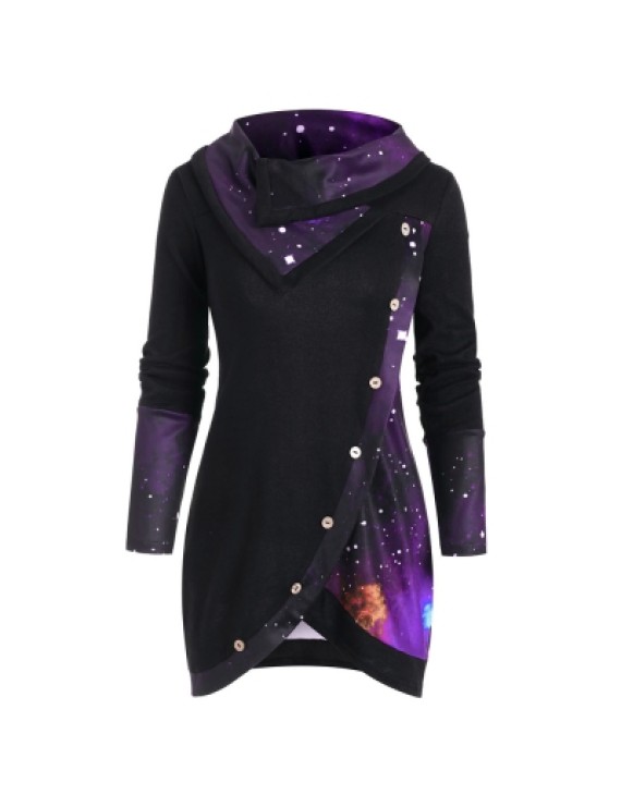 Galaxy Print Panel Mock Button Sweater