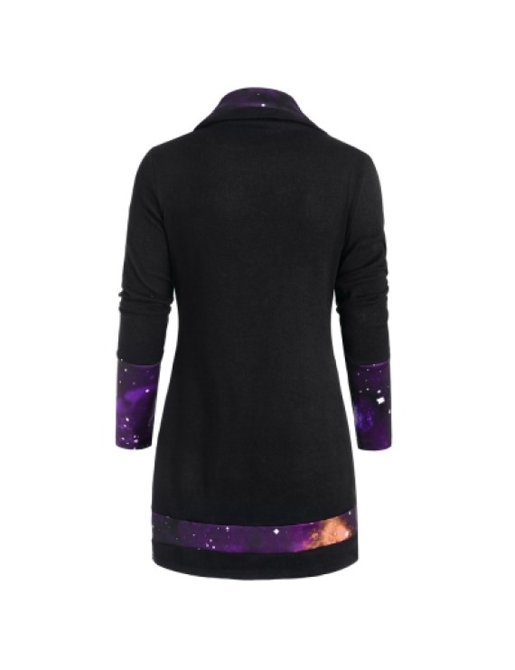 Galaxy Print Panel Mock Button Sweater