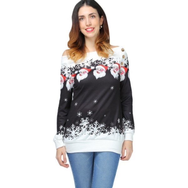 Santa Claus Snowflake Skew Neck Pullover Christmas Sweatshirt