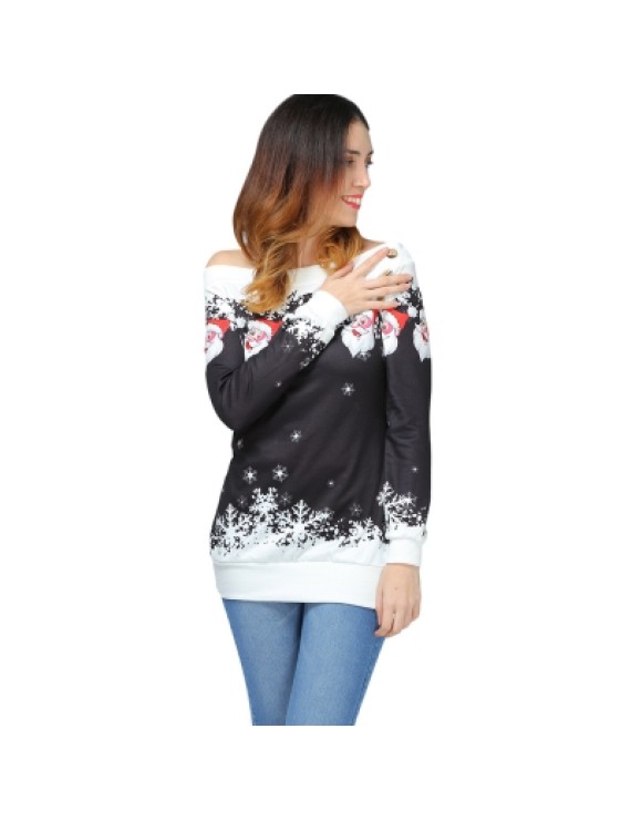 Santa Claus Snowflake Skew Neck Pullover Christmas Sweatshirt