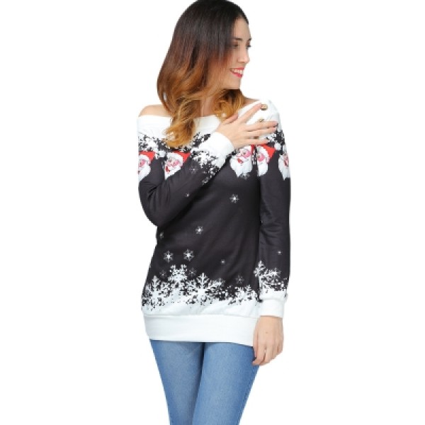 Santa Claus Snowflake Skew Neck Pullover Christmas Sweatshirt