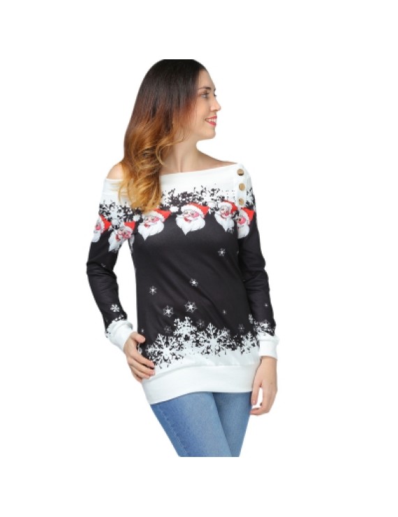 Santa Claus Snowflake Skew Neck Pullover Christmas Sweatshirt