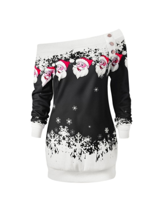 Santa Claus Snowflake Skew Neck Pullover Christmas Sweatshirt