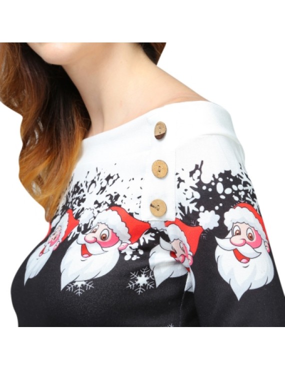 Santa Claus Snowflake Skew Neck Pullover Christmas Sweatshirt