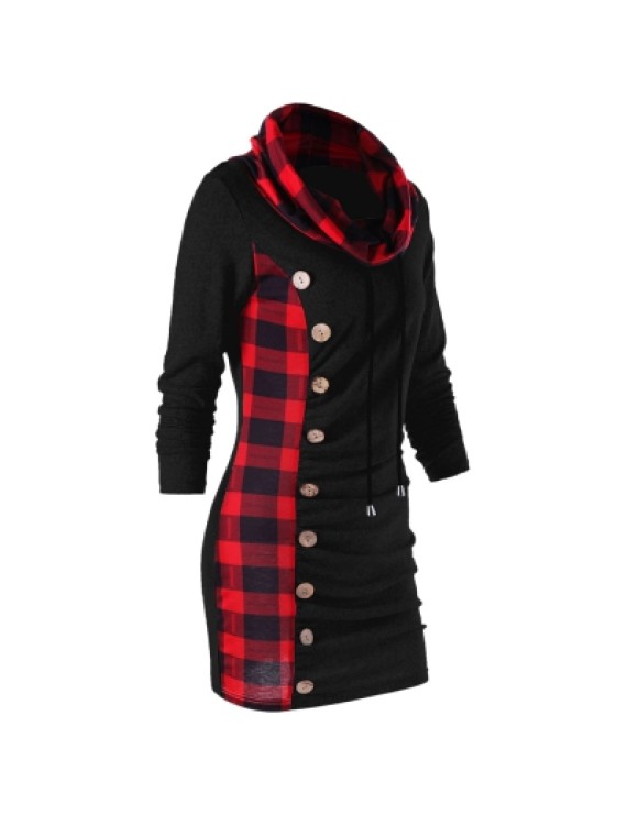 Cowl Neck Plaid Sweatshirt Dress