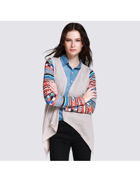 Open Front Collarless Printed Asymmetric Cardigan