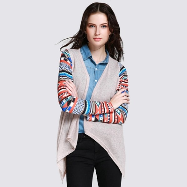 Open Front Collarless Printed Asymmetric Cardigan