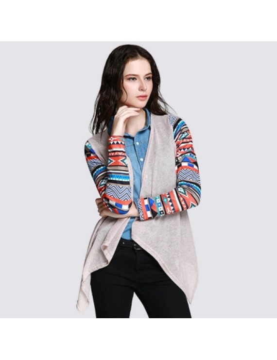 Open Front Collarless Printed Asymmetric Cardigan