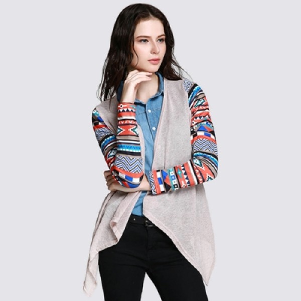 Open Front Collarless Printed Asymmetric Cardigan