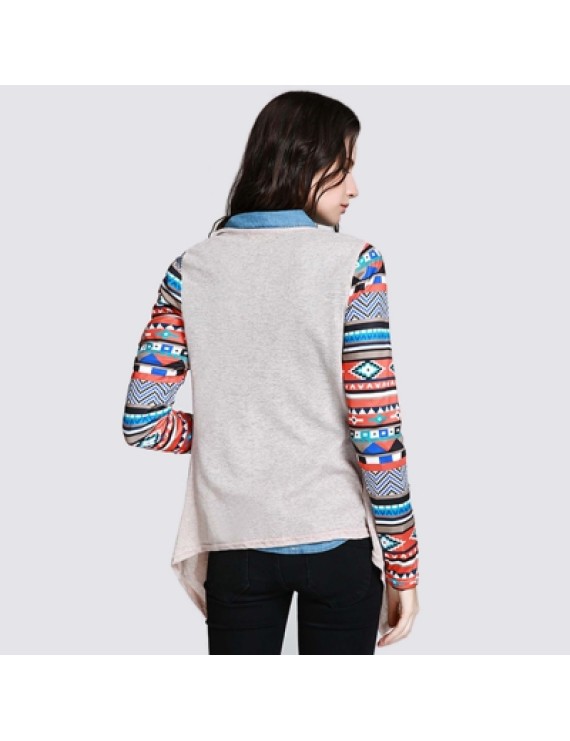 Open Front Collarless Printed Asymmetric Cardigan