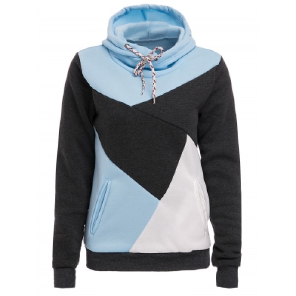 Hooded Long Sleeve Color Block Pocket Design Hoodie