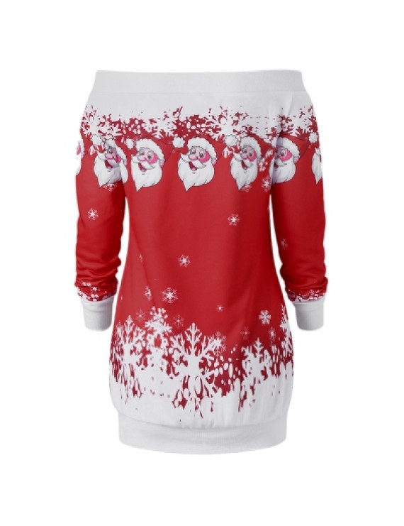 Santa Claus Snowflake Skew Neck Pullover Christmas Sweatshirt