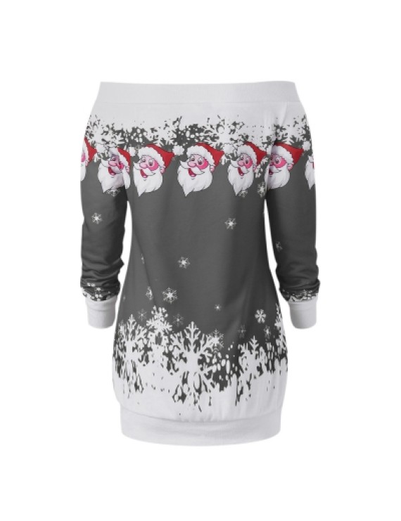 Santa Claus Snowflake Skew Neck Pullover Christmas Sweatshirt