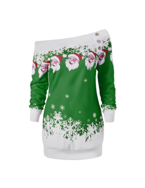 Santa Claus Snowflake Skew Neck Pullover Christmas Sweatshirt