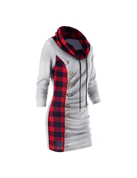 Cowl Neck Plaid Sweatshirt Dress