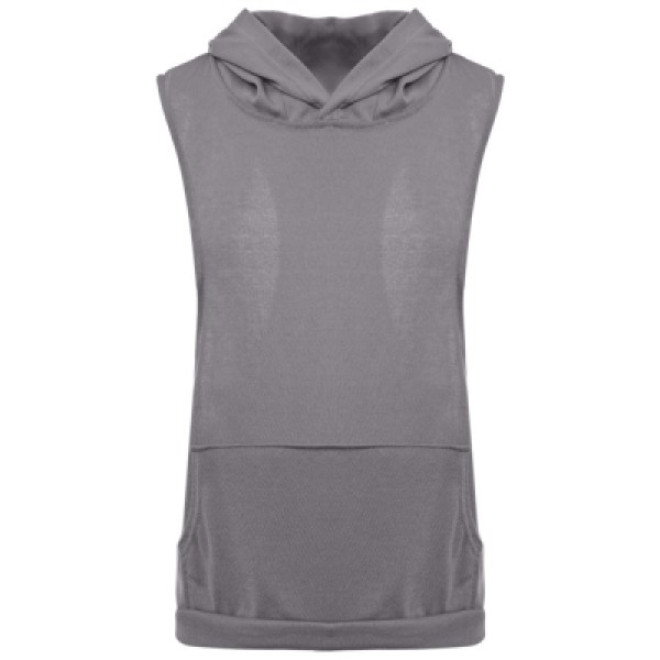 Hooded Sleeveless Front Pocket Solid Color Men T-Shirt