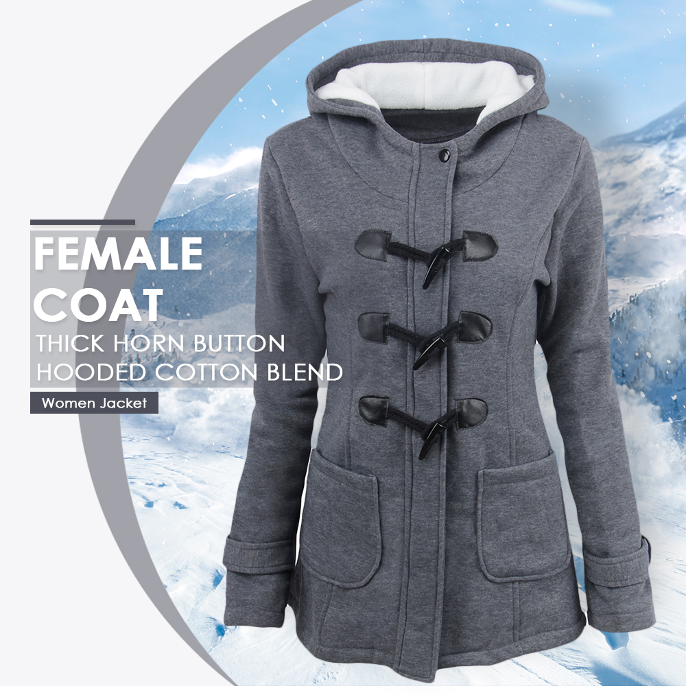 Female Coat Thick Horn Button Hooded Cotton Blend Women Jacket